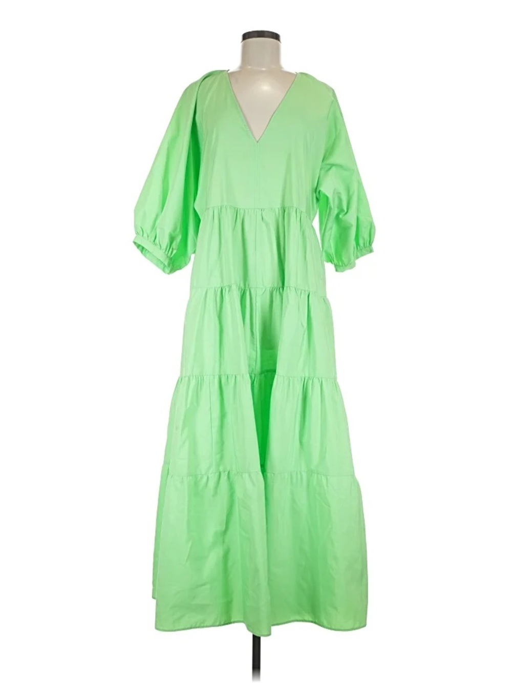 V-Neck Spring Green Tiered Maxi Dress with Puff Sleeves